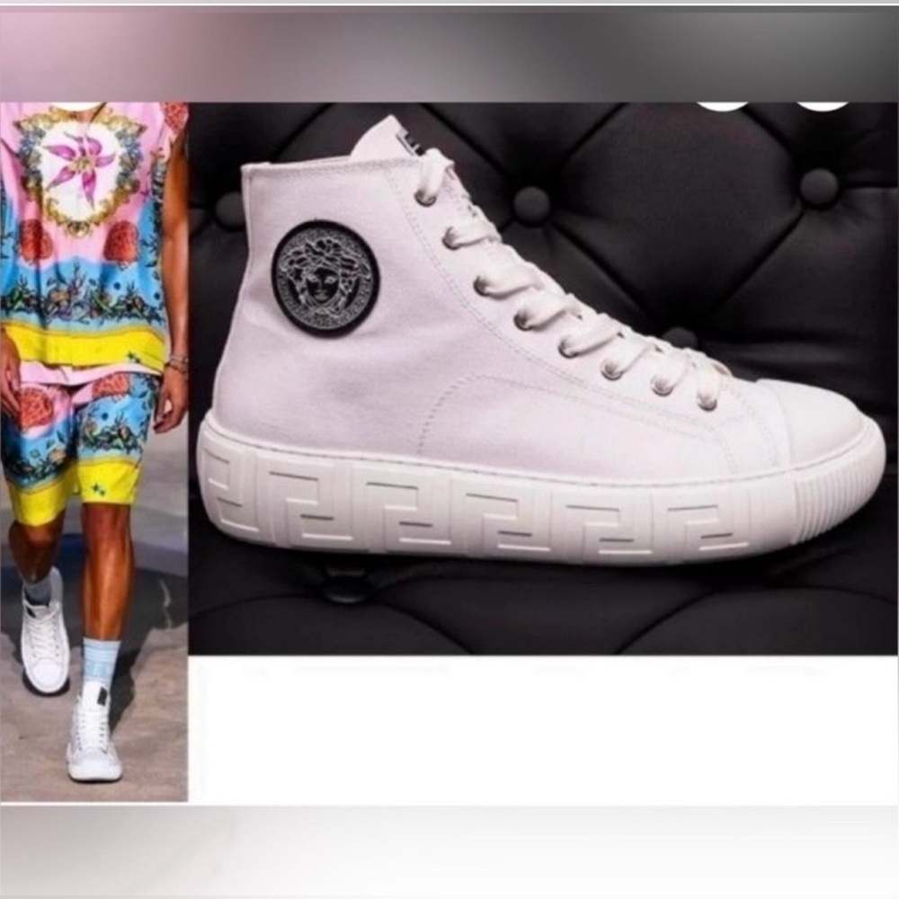 Versace White High-Top Sneakers with Black Medusa Patch Men Size 9.5